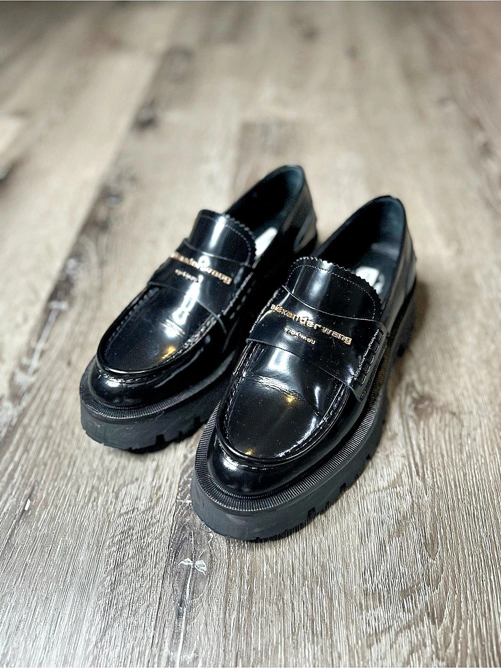 Alexander Wang Carter Mid-Heel Lug Loafers in Black Patent Leather Black